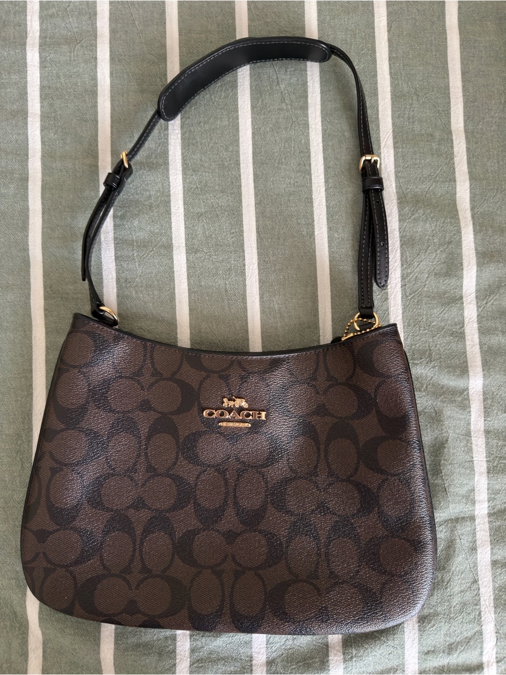 Coach Brown Signature Canvas Shoulder Bag with Black Strap